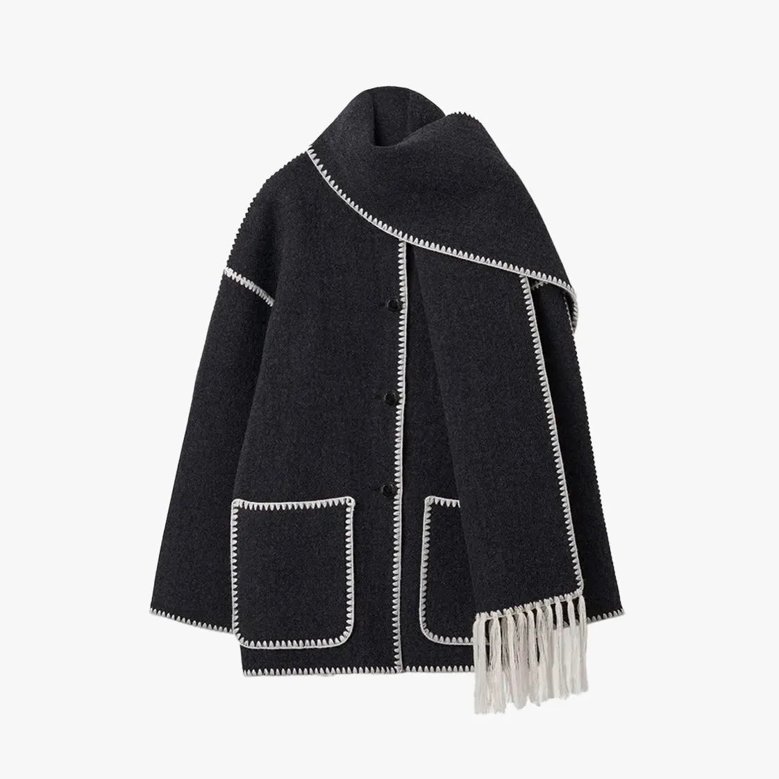 Aesthetic Wool Coat with Fringe Scarf