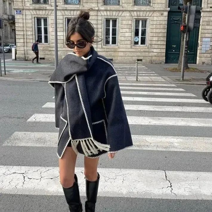 Aesthetic Wool Coat with Fringe Scarf