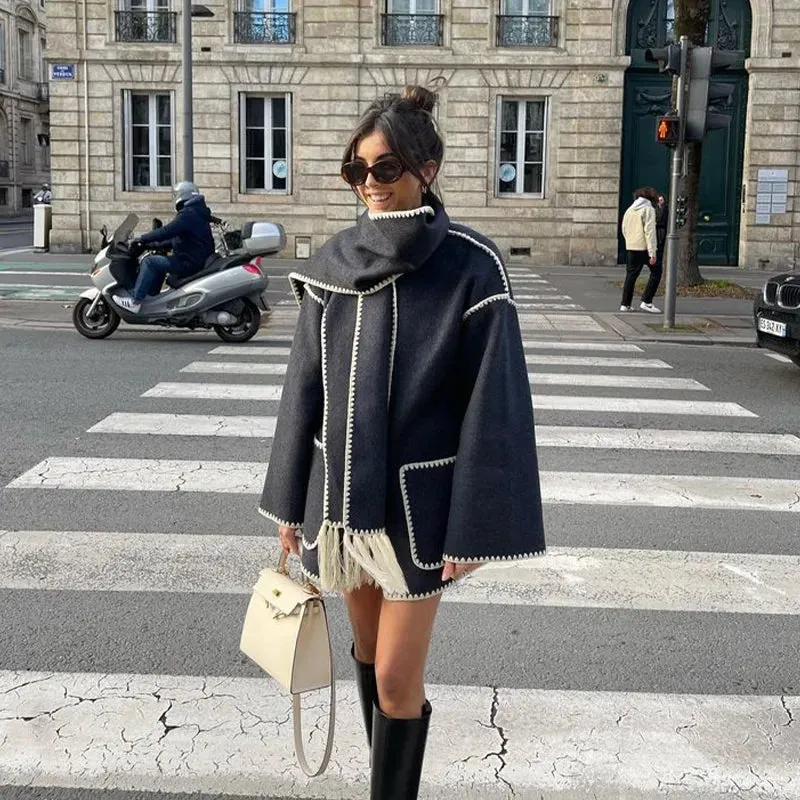 Aesthetic Wool Coat with Fringe Scarf