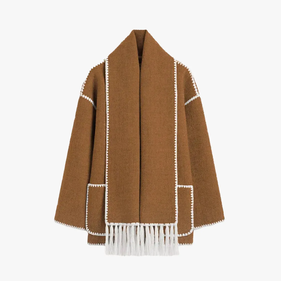 Aesthetic Wool Coat with Fringe Scarf