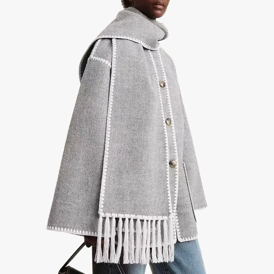 Aesthetic Wool Coat with Fringe Scarf