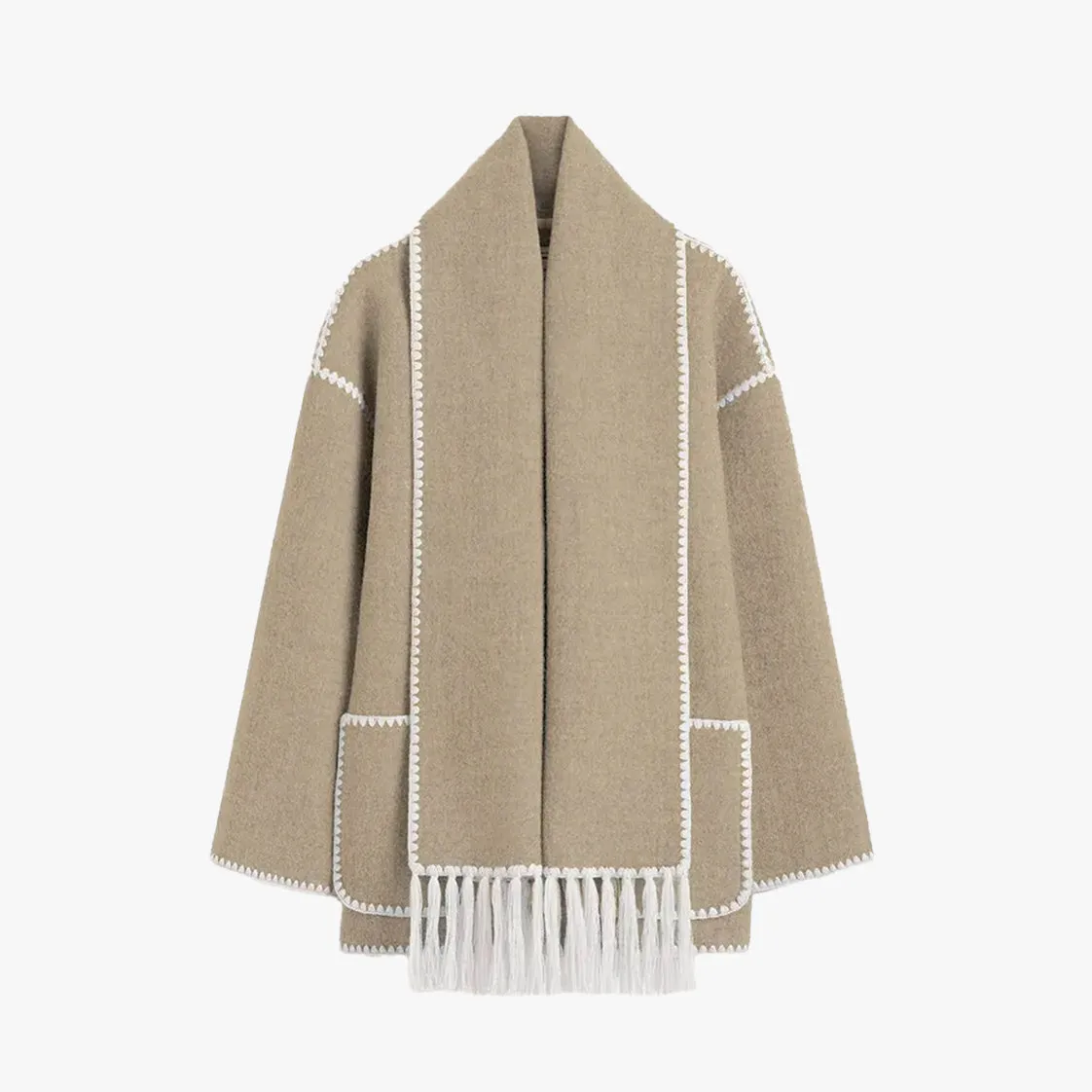 Aesthetic Wool Coat with Fringe Scarf