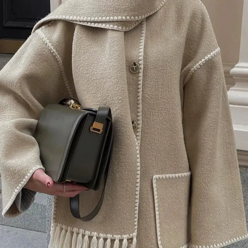 Aesthetic Wool Coat with Fringe Scarf