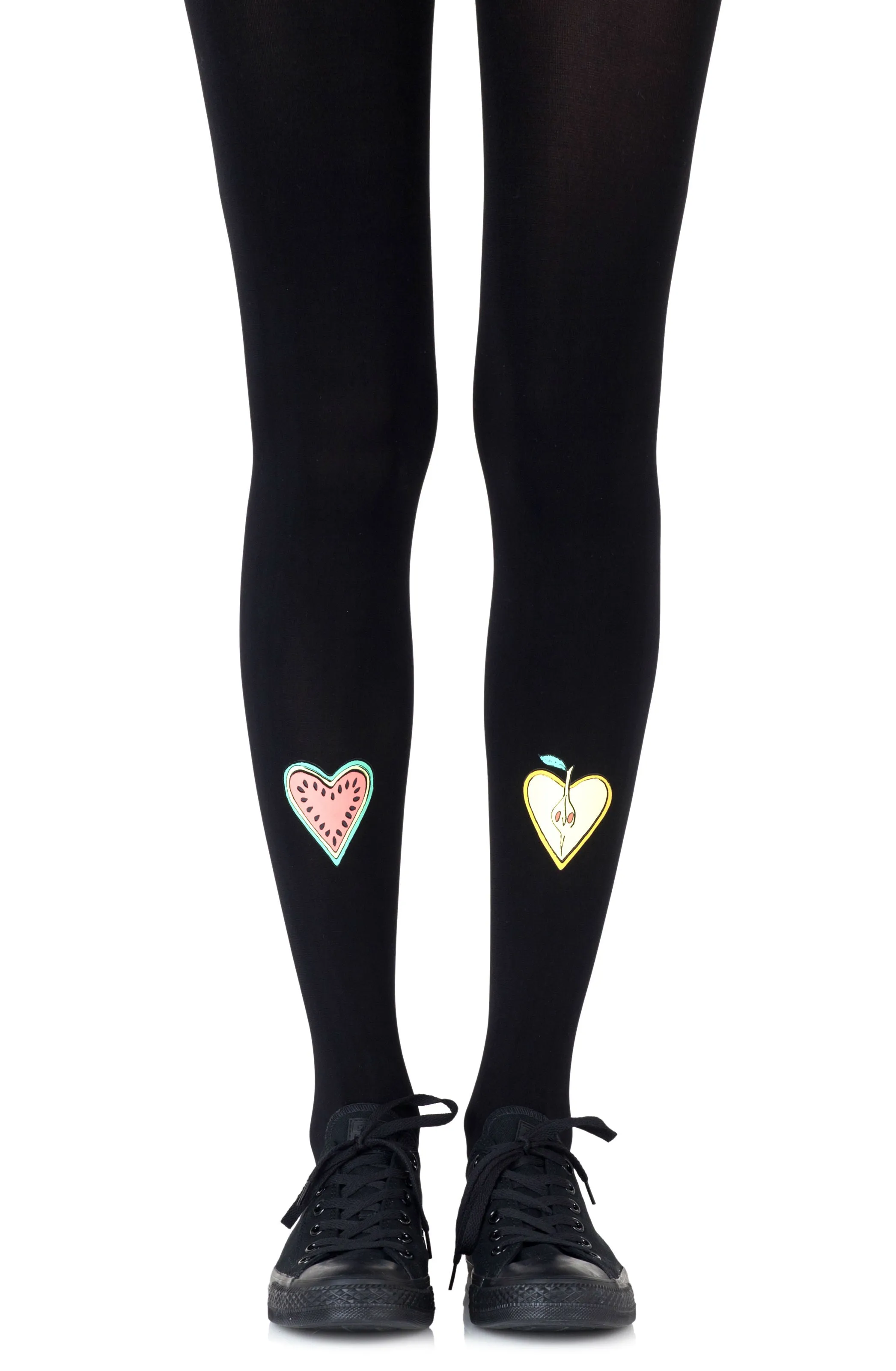 Beautiful Multicolor Fruit Hearts Print 120 Denier Opaque Black Tights