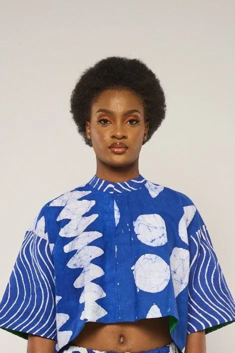 BLUE MULTI-PRINT CROP SHIRT