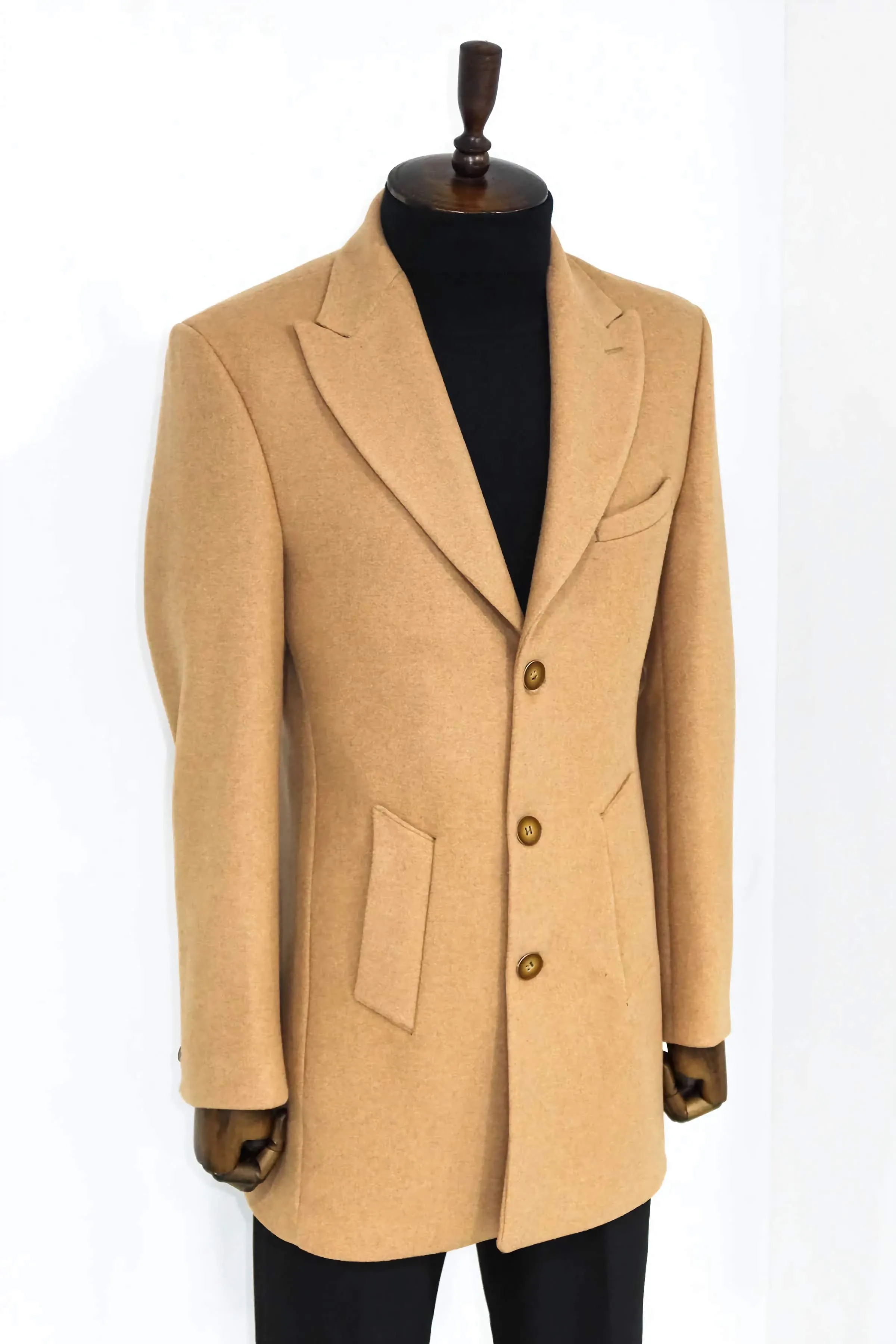 CAMEL WIDE LAPEL WOOL PEACOAT SLIM FIT