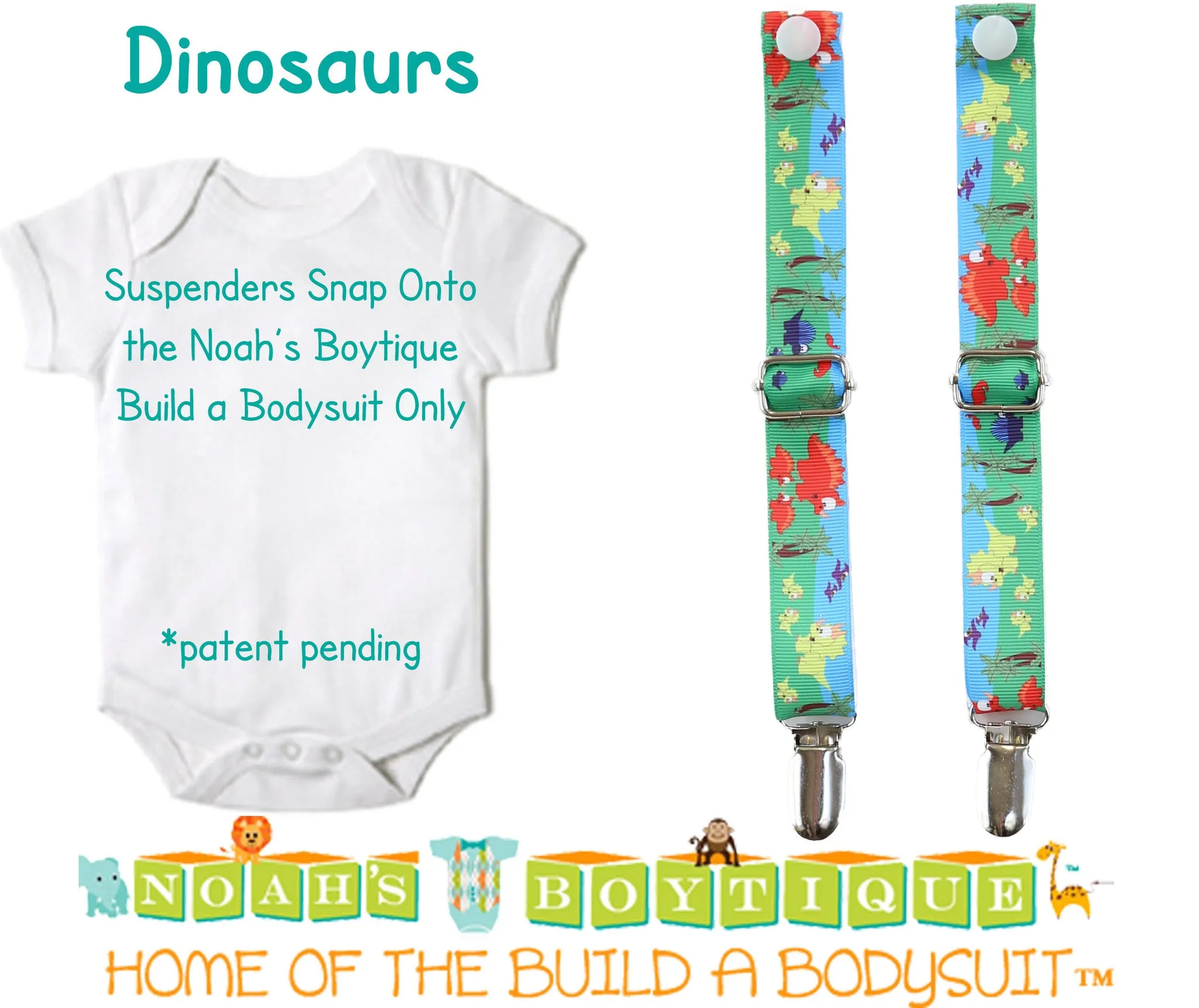 Dinosaur Noah's Boytique Bodysuit Suspenders - Snap on Suspenders - Suspender Outfit - Baby Suspenders - Dinosaur Party