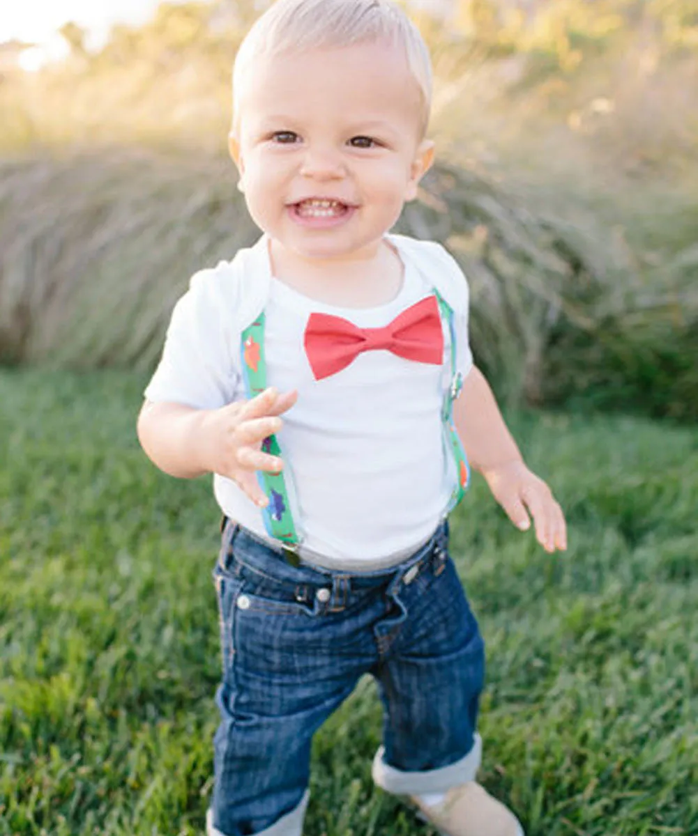 Dinosaur Noah's Boytique Bodysuit Suspenders - Snap on Suspenders - Suspender Outfit - Baby Suspenders - Dinosaur Party