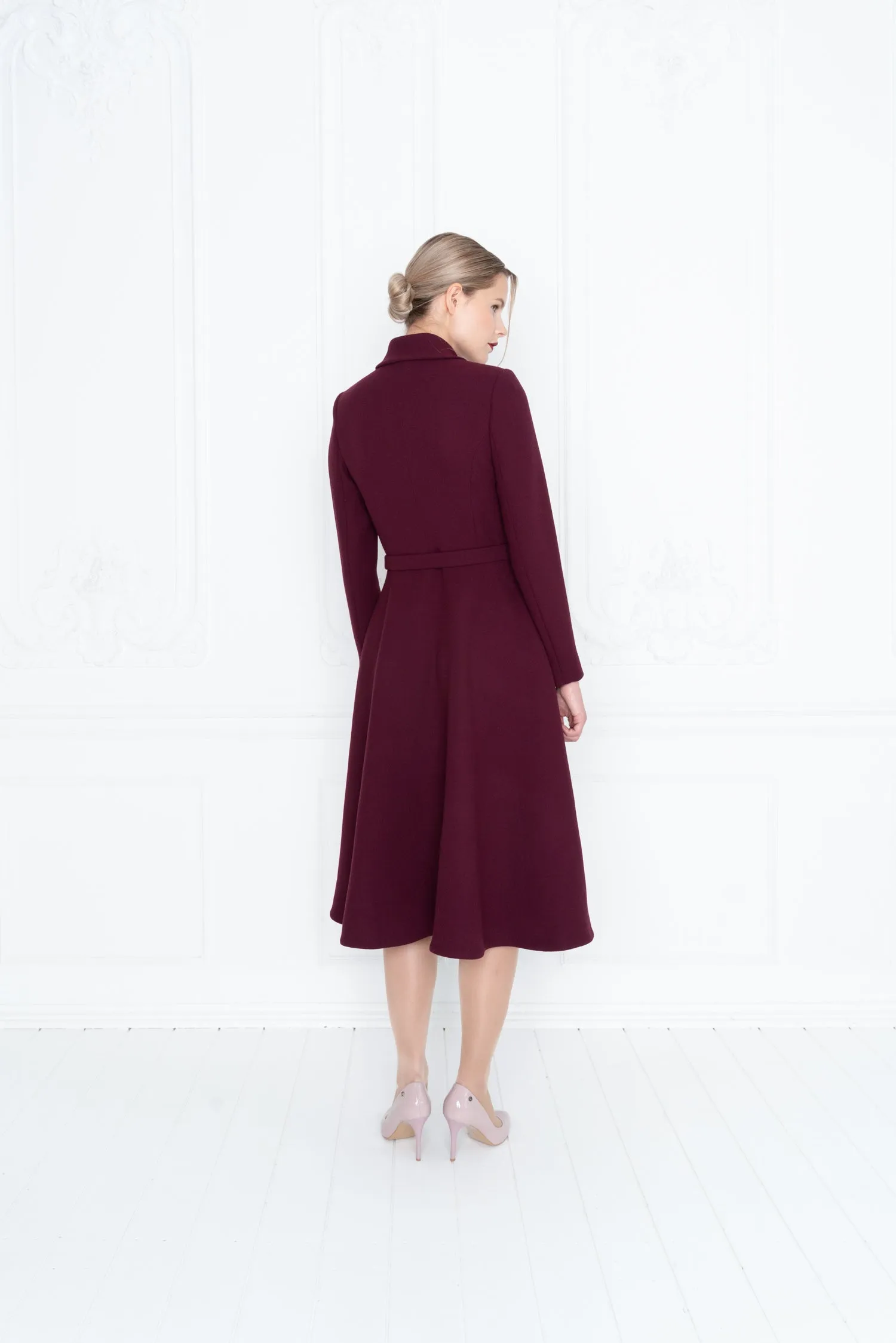 EPHEDRA BURGUNDY WOOL CREPE COAT DRESS