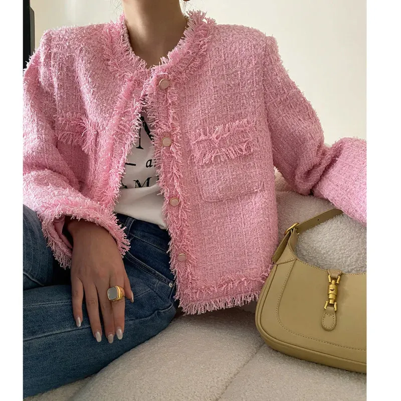 Flytonn-Fall Outfits Women Outwear Streetwear -Pink Fringe Fur Shoulder Pad Tweed Jacket Blazer Boucle Crop Coat for Women 2024 Spring