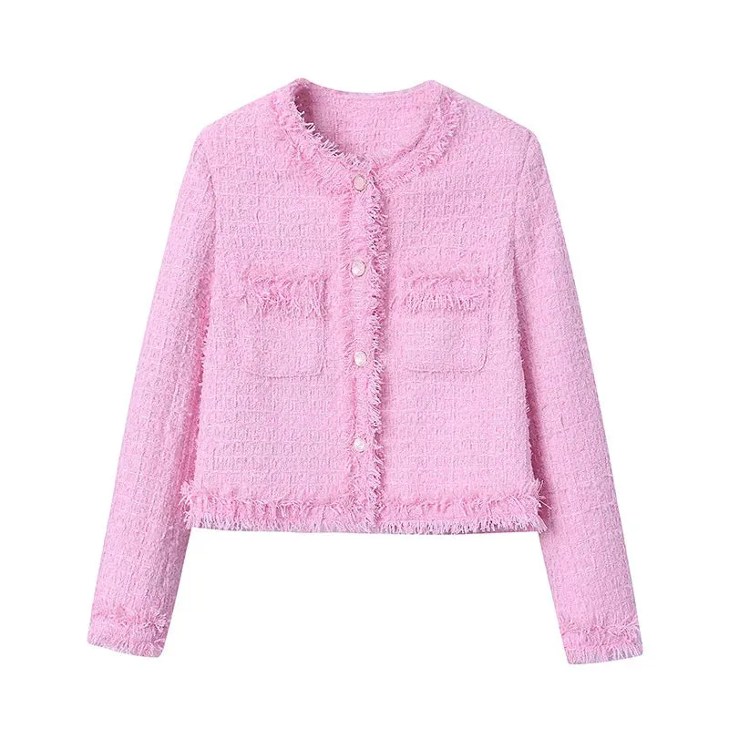 Flytonn-Fall Outfits Women Outwear Streetwear -Pink Fringe Fur Shoulder Pad Tweed Jacket Blazer Boucle Crop Coat for Women 2024 Spring