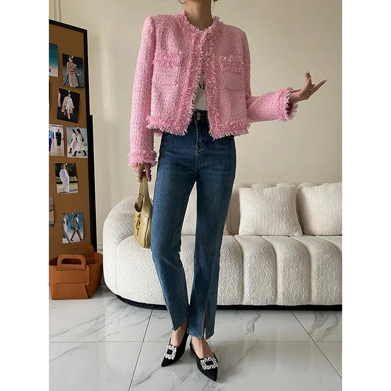 Flytonn-Fall Outfits Women Outwear Streetwear -Pink Fringe Fur Shoulder Pad Tweed Jacket Blazer Boucle Crop Coat for Women 2024 Spring