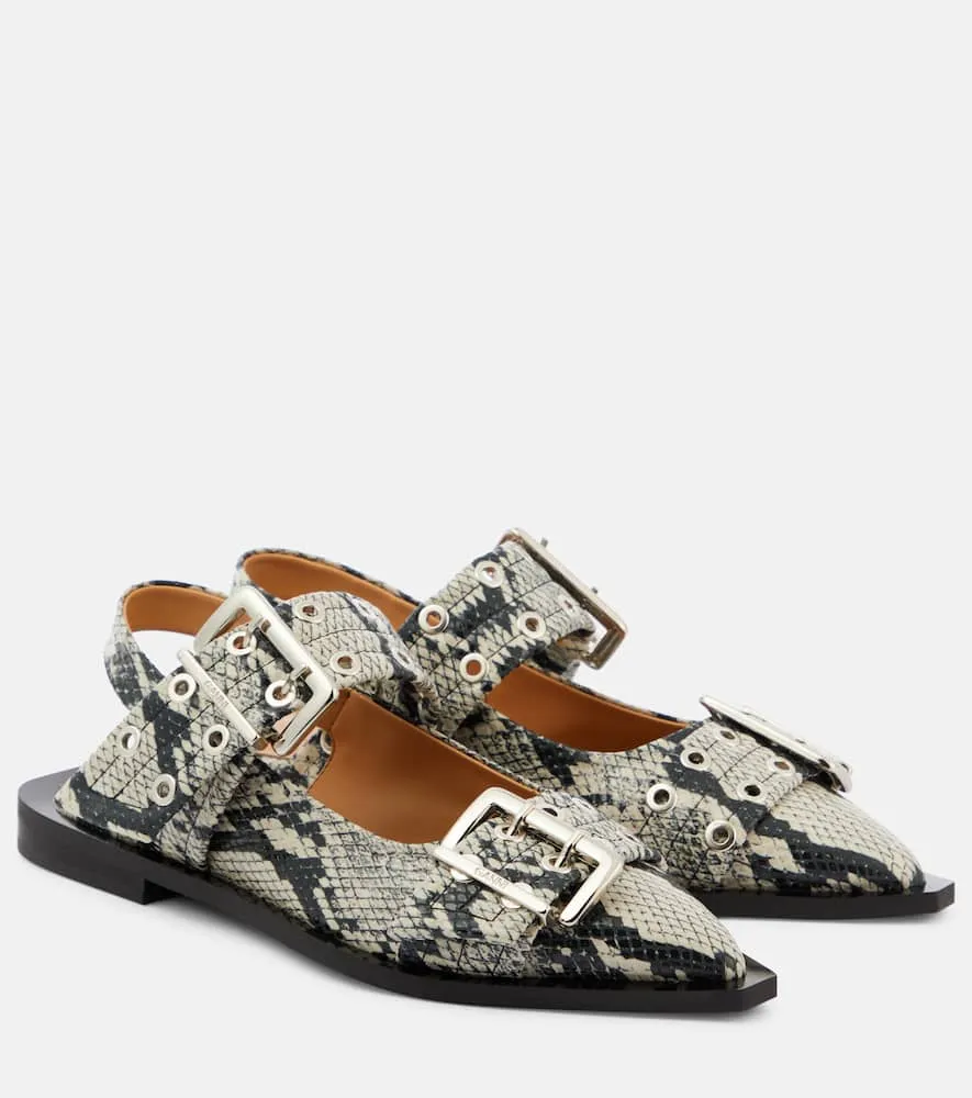 Ganni Snake-effect faux leather ballet flats