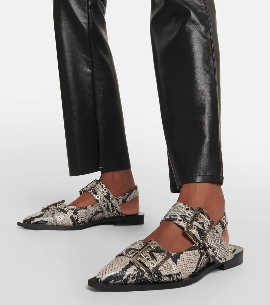 Ganni Snake-effect faux leather ballet flats