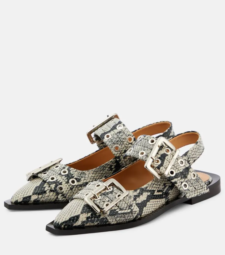 Ganni Snake-effect faux leather ballet flats