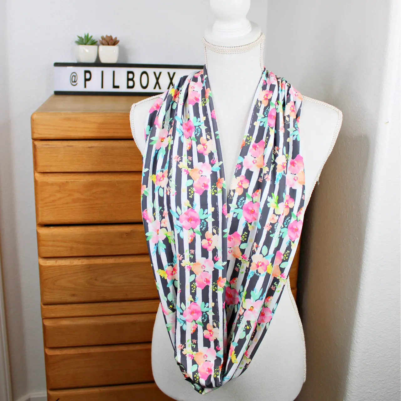 Gray Floral Stripe Infinity Scarf