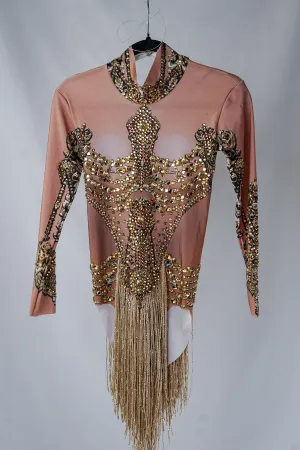Handmade Gold and Beige Bodysuit with Gold Adornments, Crystals, and Fringe