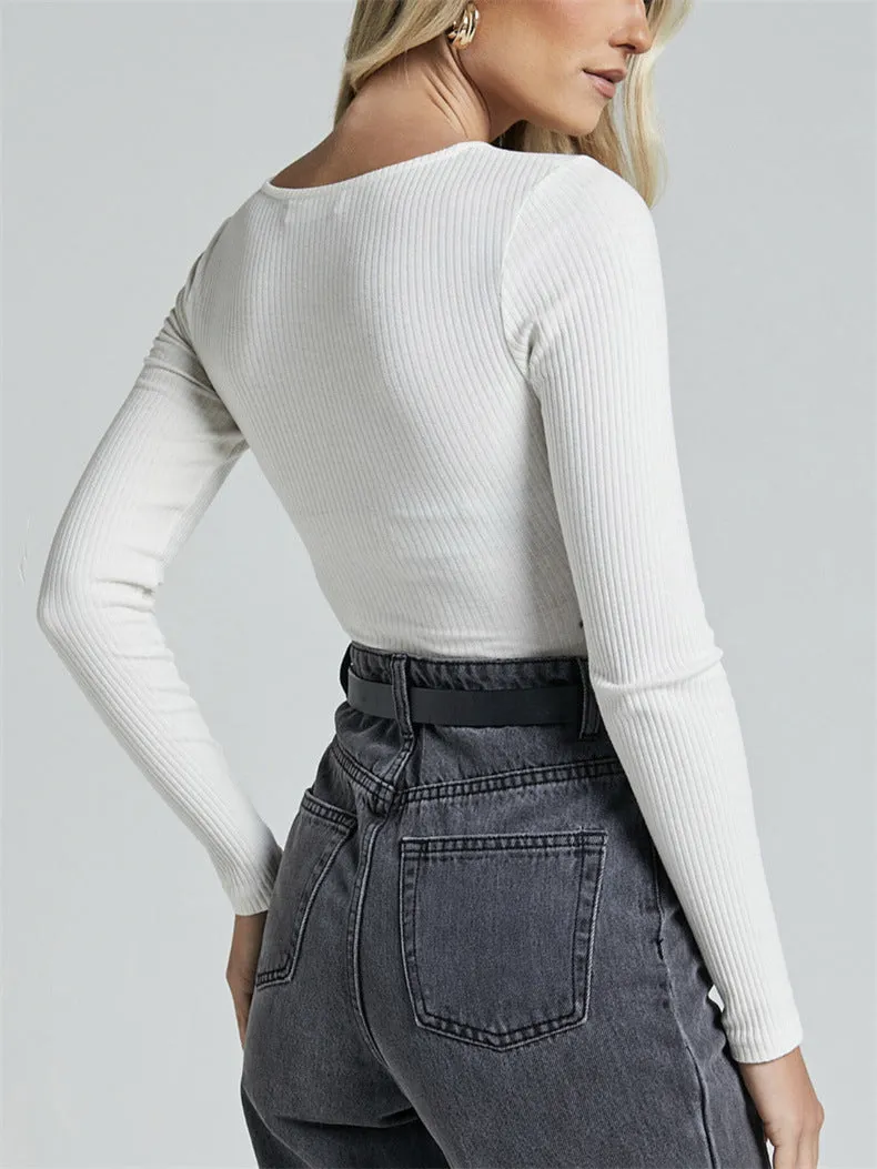 High Waisted Bodysuit with Stud Details and Ribbed Long Sleeves