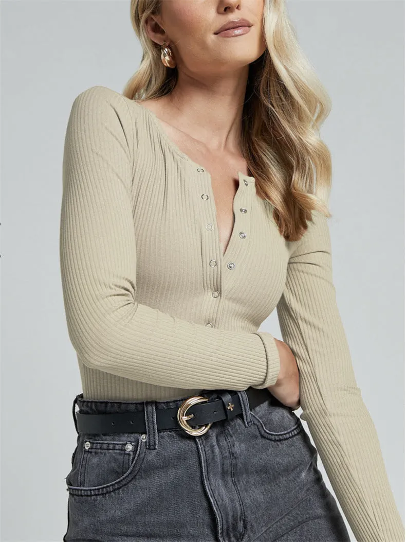 High Waisted Bodysuit with Stud Details and Ribbed Long Sleeves