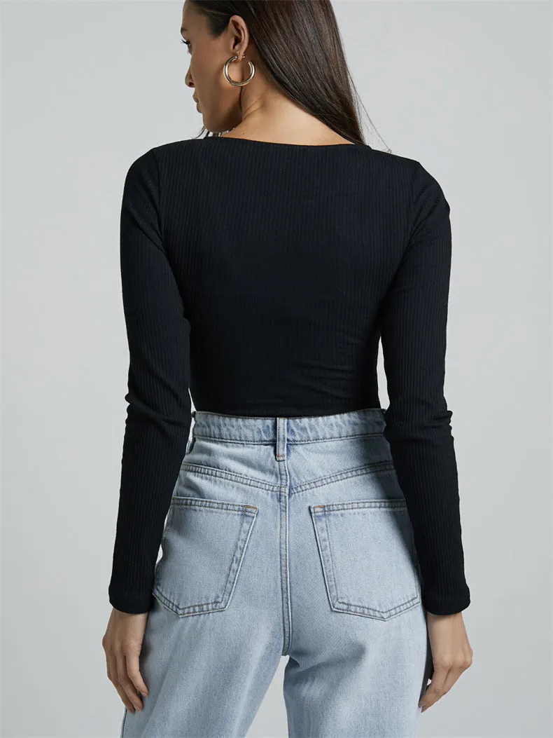 High Waisted Bodysuit with Stud Details and Ribbed Long Sleeves