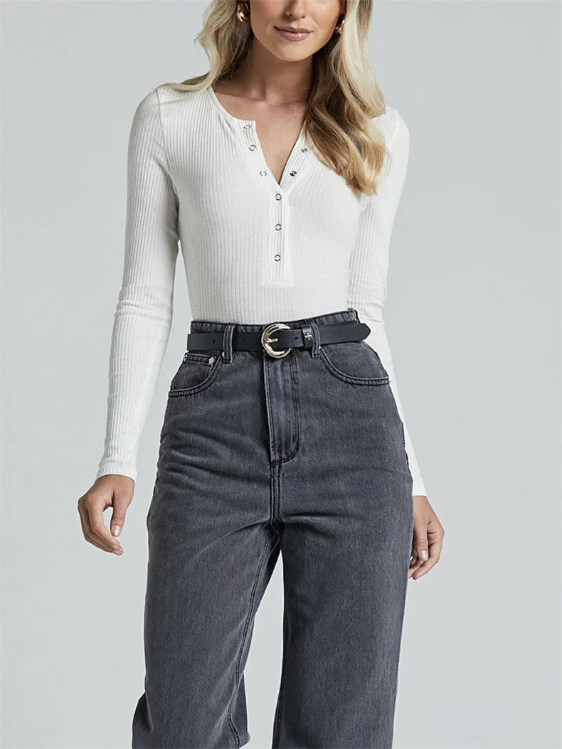 High Waisted Bodysuit with Stud Details and Ribbed Long Sleeves