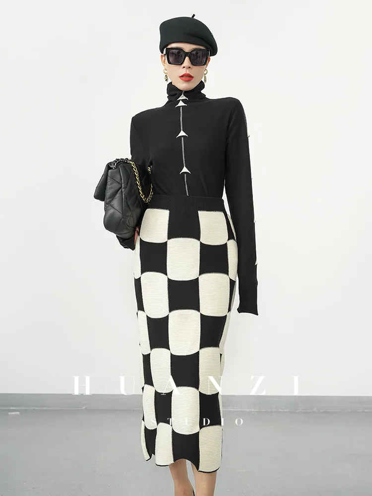 Huanzi classic black and white checkerboard high waist slim knitted fishtail skirt for women- Tiloa