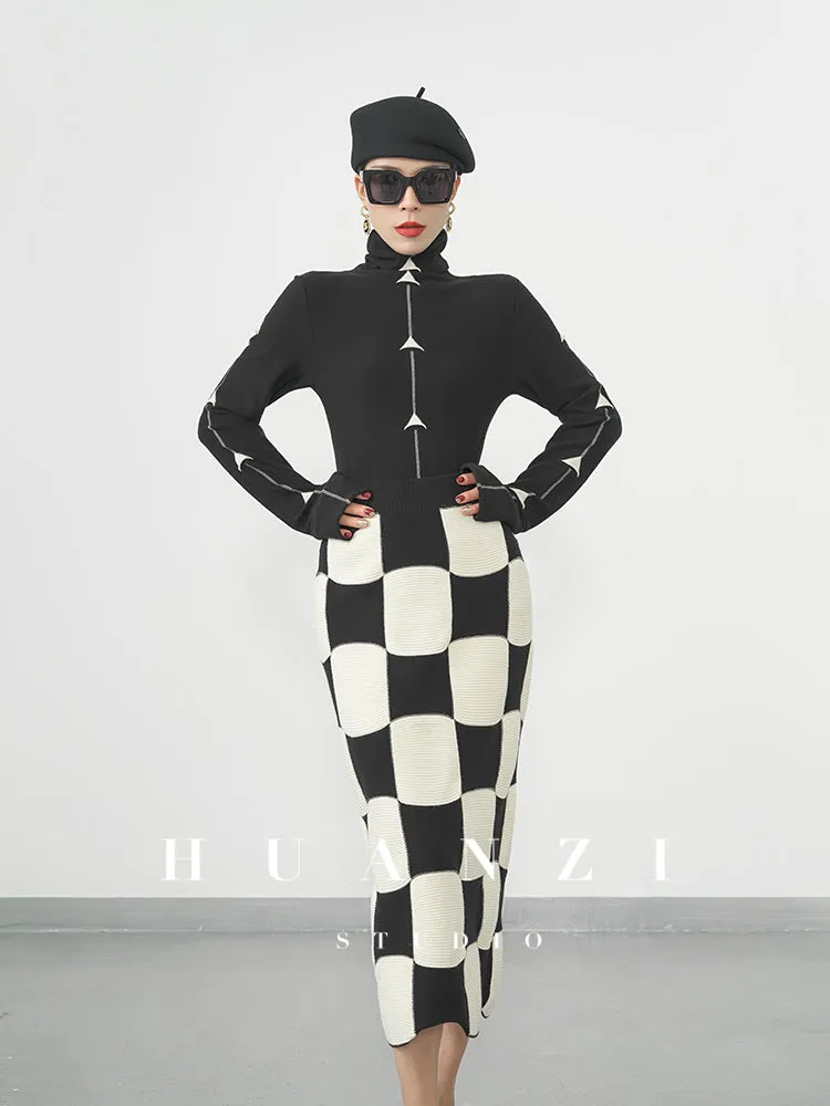 Huanzi classic black and white checkerboard high waist slim knitted fishtail skirt for women- Tiloa