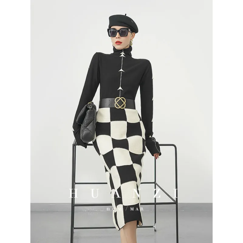 Huanzi classic black and white checkerboard high waist slim knitted fishtail skirt for women- Tiloa