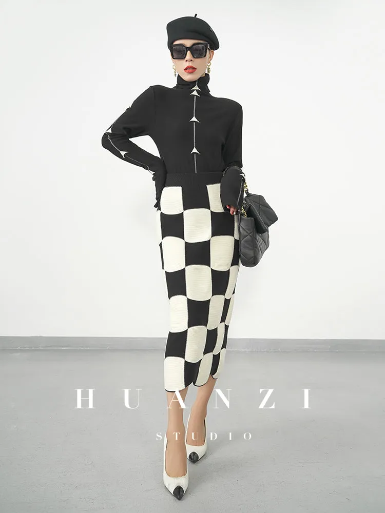 Huanzi classic black and white checkerboard high waist slim knitted fishtail skirt for women- Tiloa