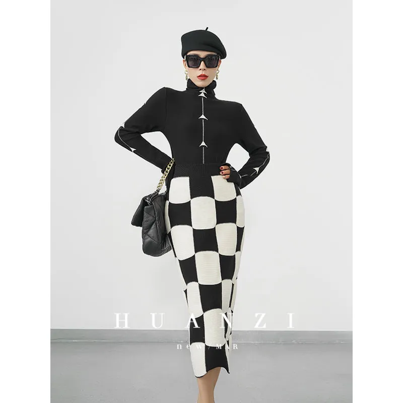 Huanzi classic black and white checkerboard high waist slim knitted fishtail skirt for women- Tiloa