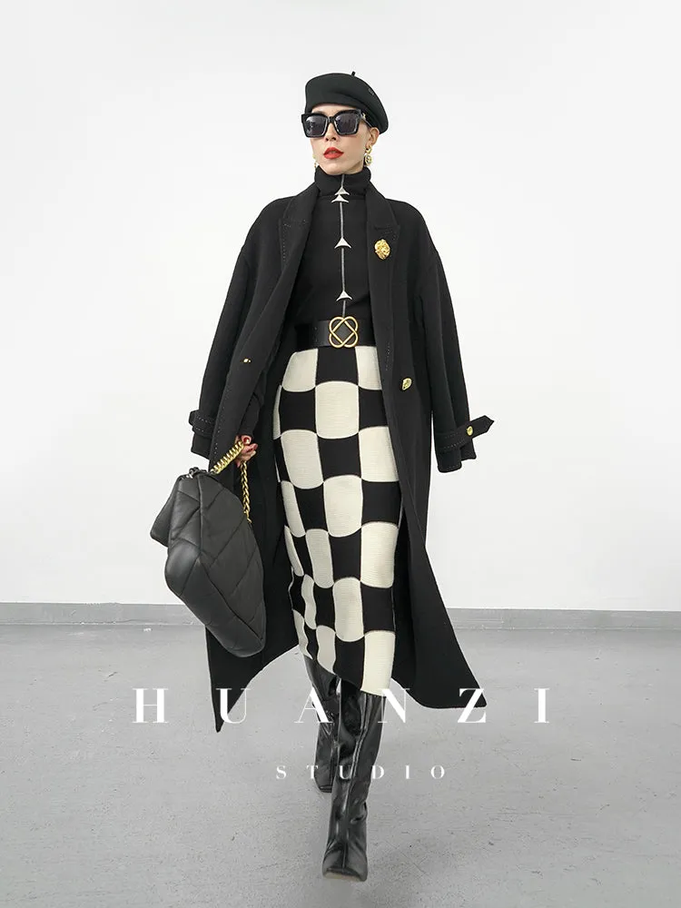 Huanzi classic black and white checkerboard high waist slim knitted fishtail skirt for women- Tiloa