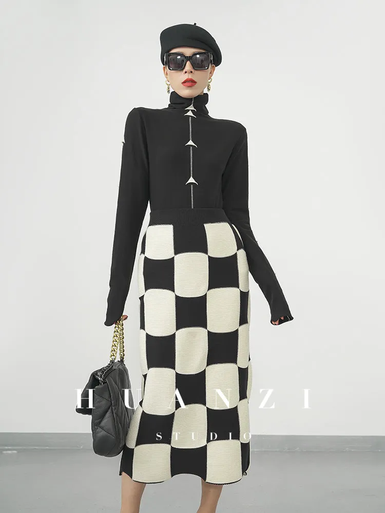 Huanzi classic black and white checkerboard high waist slim knitted fishtail skirt for women- Tiloa