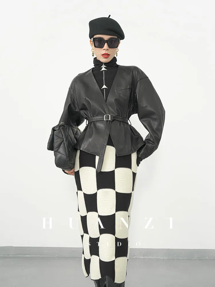 Huanzi classic black and white checkerboard high waist slim knitted fishtail skirt for women- Tiloa