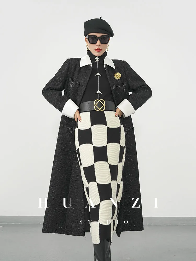 Huanzi classic black and white checkerboard high waist slim knitted fishtail skirt for women- Tiloa