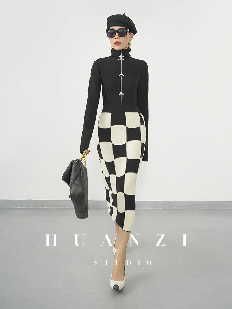 Huanzi classic black and white checkerboard high waist slim knitted fishtail skirt for women- Tiloa