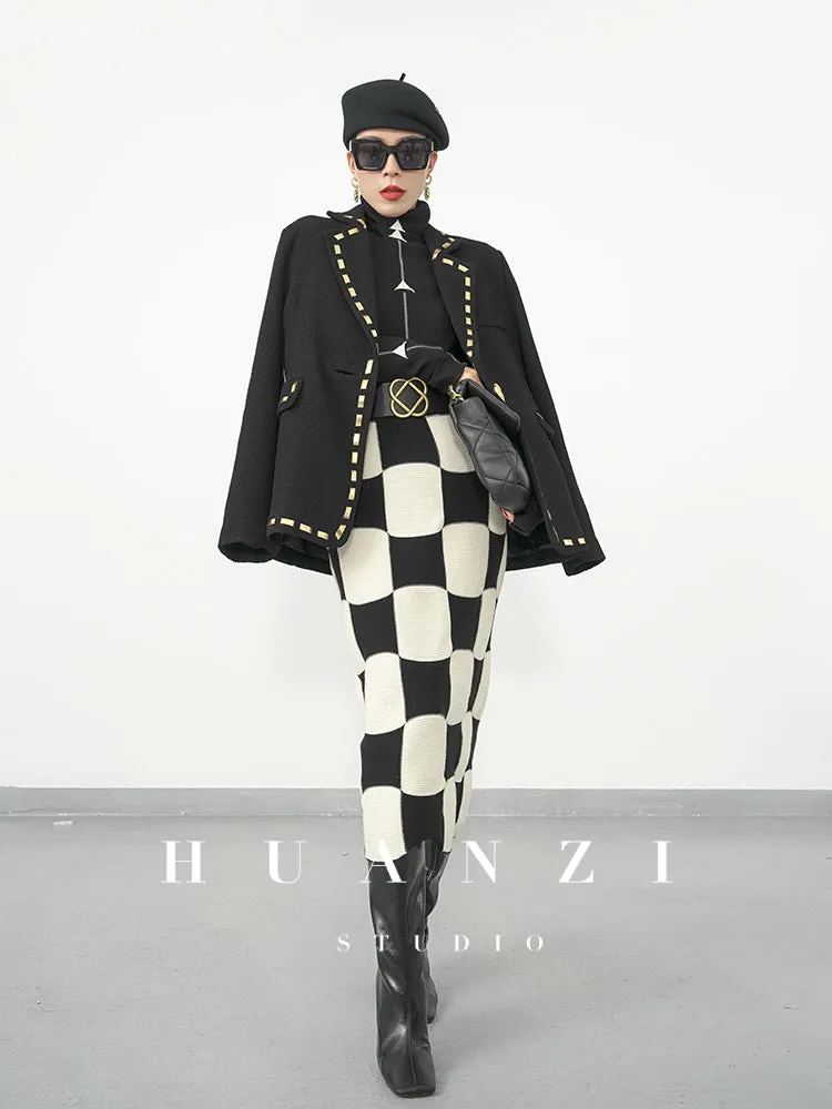 Huanzi classic black and white checkerboard high waist slim knitted fishtail skirt for women- Tiloa