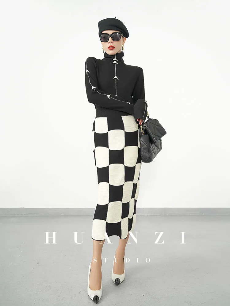 Huanzi classic black and white checkerboard high waist slim knitted fishtail skirt for women- Tiloa