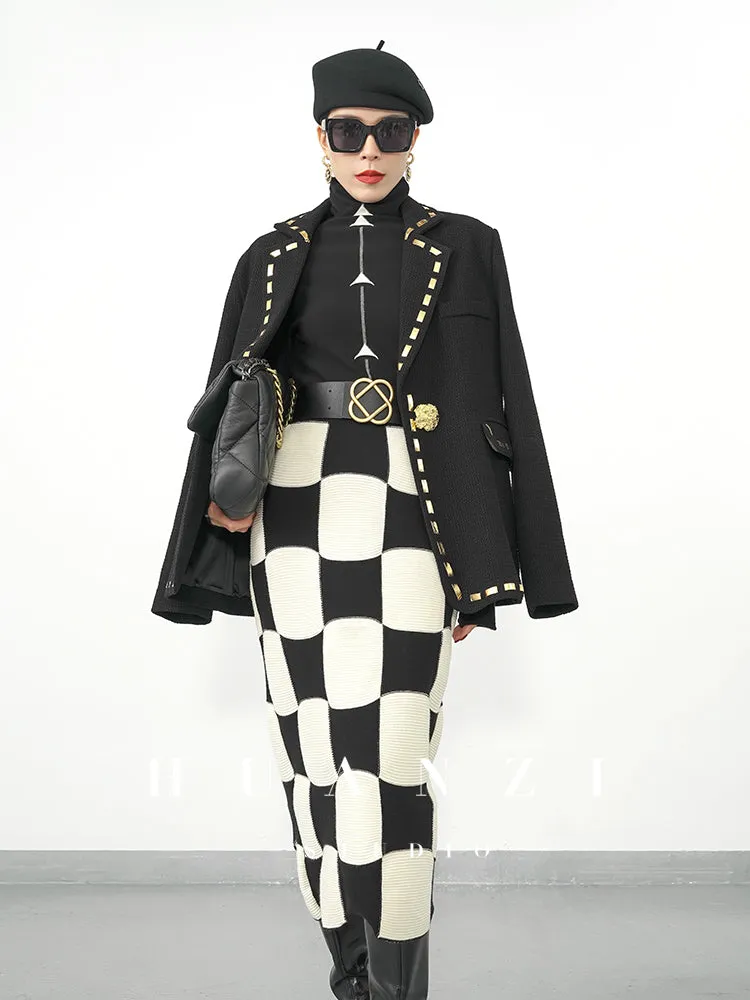 Huanzi classic black and white checkerboard high waist slim knitted fishtail skirt for women- Tiloa