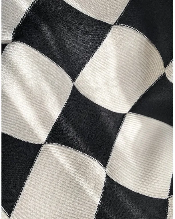 Huanzi classic black and white checkerboard high waist slim knitted fishtail skirt for women- Tiloa