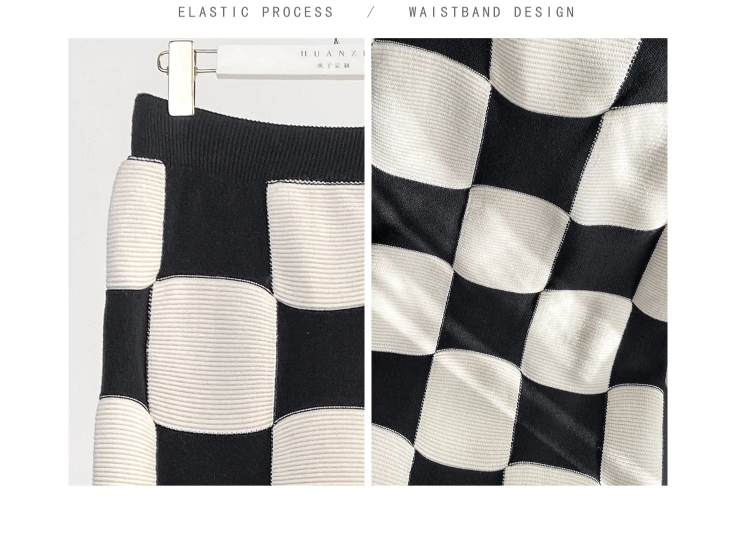 Huanzi classic black and white checkerboard high waist slim knitted fishtail skirt for women- Tiloa