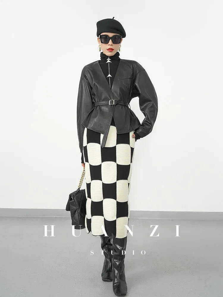 Huanzi classic black and white checkerboard high waist slim knitted fishtail skirt for women- Tiloa