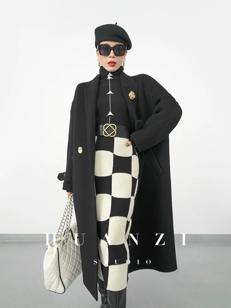 Huanzi classic black and white checkerboard high waist slim knitted fishtail skirt for women- Tiloa