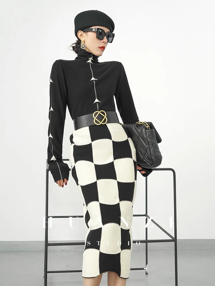 Huanzi classic black and white checkerboard high waist slim knitted fishtail skirt for women- Tiloa