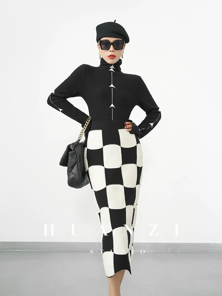 Huanzi classic black and white checkerboard high waist slim knitted fishtail skirt for women- Tiloa
