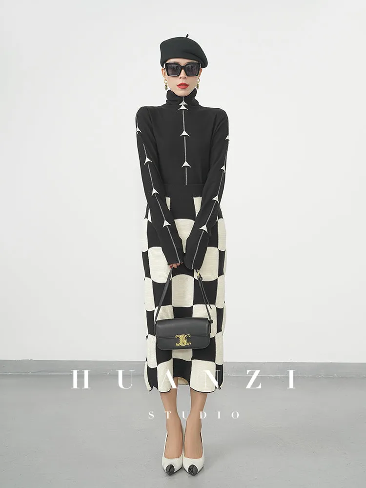 Huanzi classic black and white checkerboard high waist slim knitted fishtail skirt for women- Tiloa