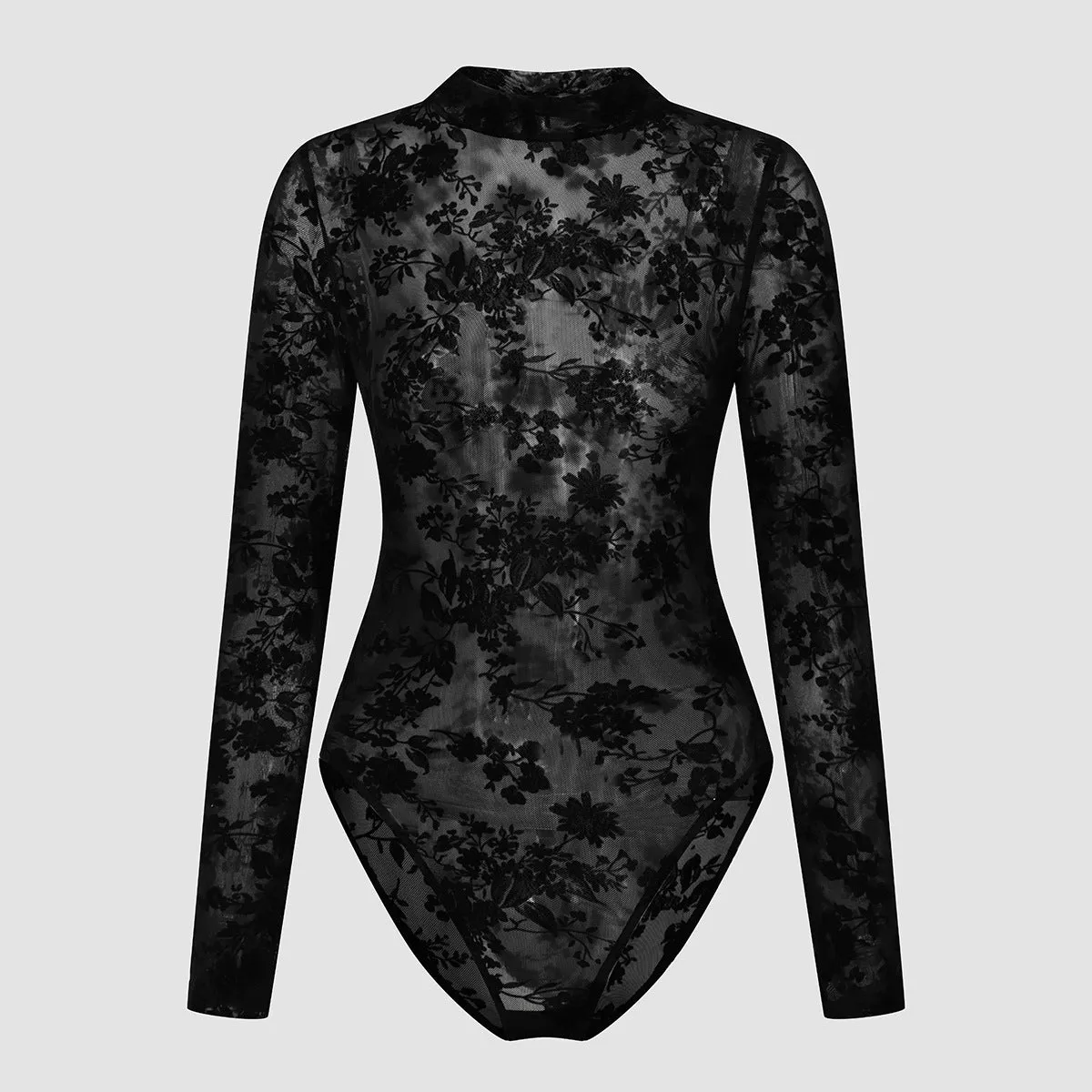 Lace Mesh Velvet Print Sheer Sexy Bodycon Long Sleeve bodysuit