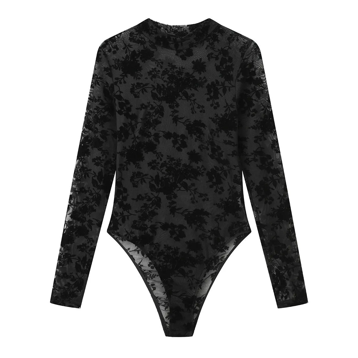 Lace Mesh Velvet Print Sheer Sexy Bodycon Long Sleeve bodysuit