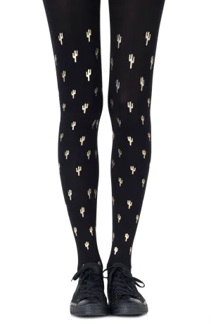 Ladies Funny Metallic Gold Prickly Pear Prints 120 Denier Opaque Black Tights