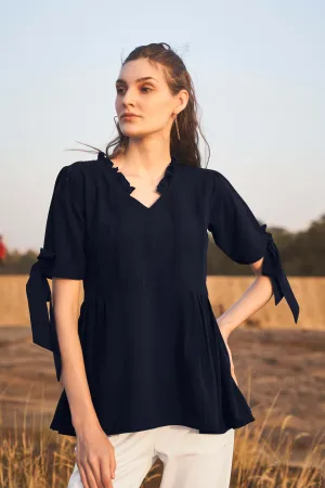 Navy Knotted Sleeve Ruffle Neck Peplum Top