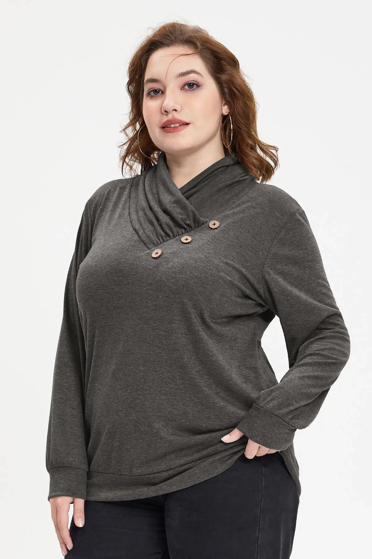 Plain Cowl Neck Decor Buttons Shirt